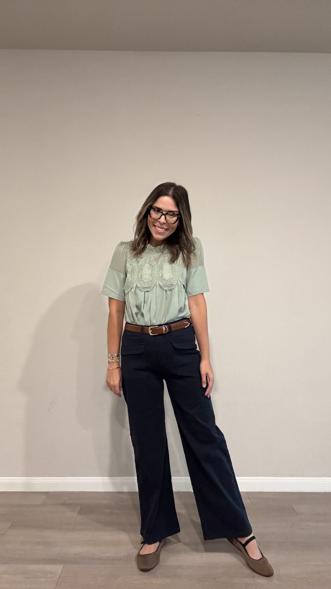 Sage green + navy is my new favorite combo 🤎 This lace detail top paired with wide-leg trousers gives effortless put-together energy. Linked the whole look!

#LTKmomlife #LTKMidsize #LTKWorkwear