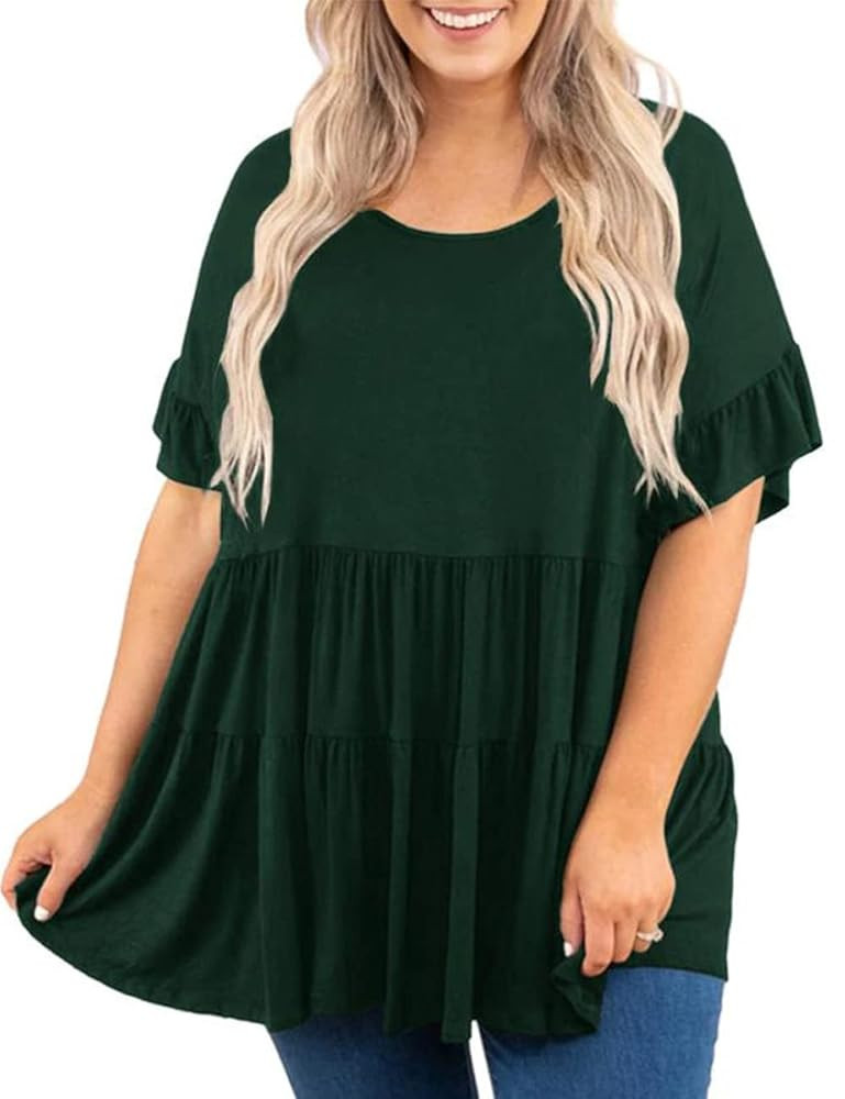Genayge Women's Plus Size Ruffle Tunic Tops Summer Short Sleeve Loose T-Shirt Blouses | Amazon (US)