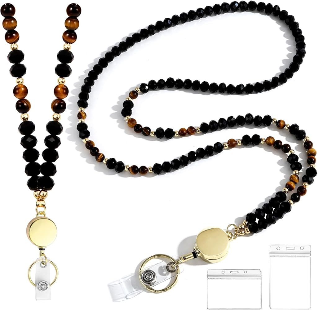 Lanyards for ID Badges for Women Cute,Teacher Lanyard for Women Retractable Natural Crystal Beade... | Amazon (US)