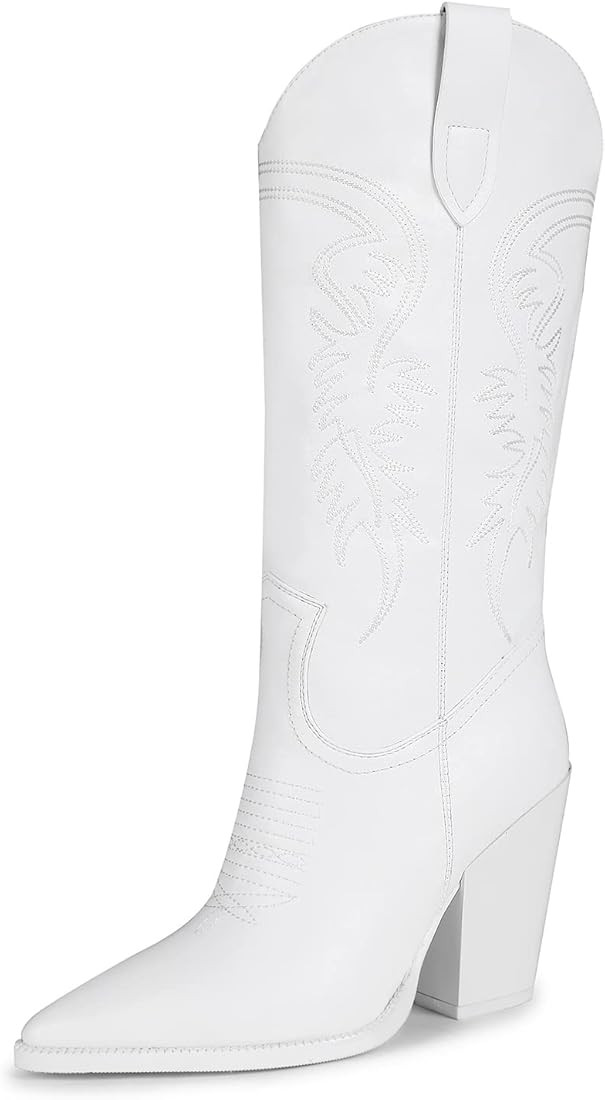 ISNOM Cowgirl Boots for Women, Embroidered Pointed Toe Chunky Heel Western Boots | Amazon (US)