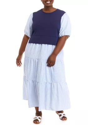 ENGLISH FACTORY Plus Size Short Sleeve Striped Mixed Media Maxi Dress | Belk