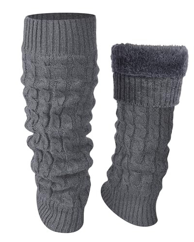 Shihanee Winter Fleece Lined Leg Warmers for Women Knit Long Leg Warmers Warm Fleece Lined Boot Socks for Skating Daily Wear(Medium Heather Gray,Cable Knit Pattern) | Amazon (US)