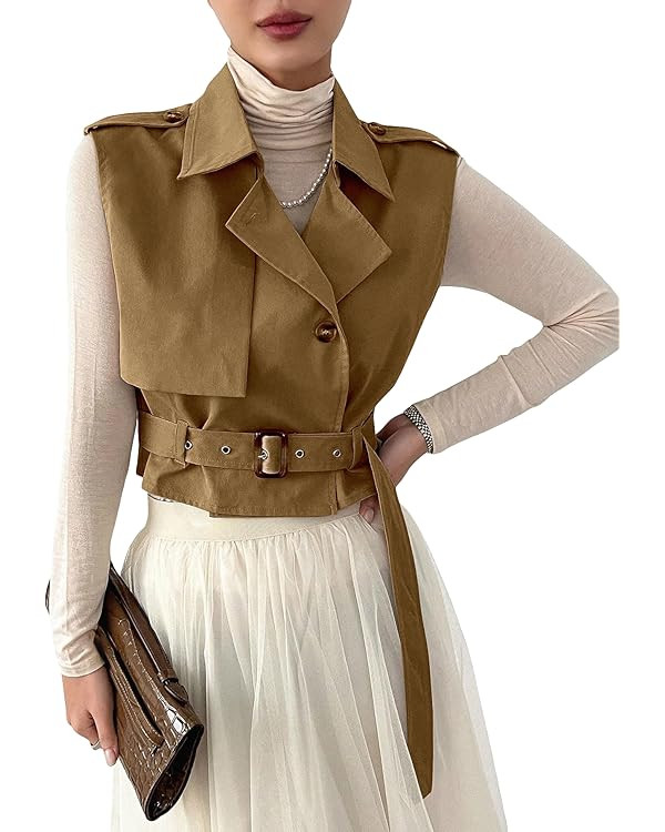 WDIRARA Women's Sleeveless Cropped Trench Coat with Belted Lapel Collar Vest Coat | Amazon (US)
