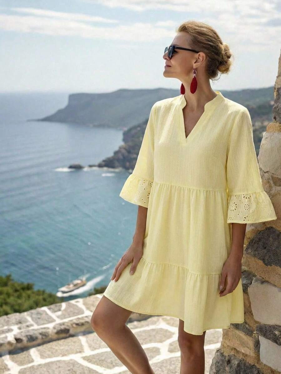 Faunlyn Women's Pale Yellow V-Neck Flare Sleeve Ruffle Hem Short Dress,Boho Summer Vacation Holid... | SHEIN