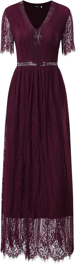 Women's V-Neck Short Sleeve Wedding Bridesmaid Maxi Lace Dress | Amazon (US)