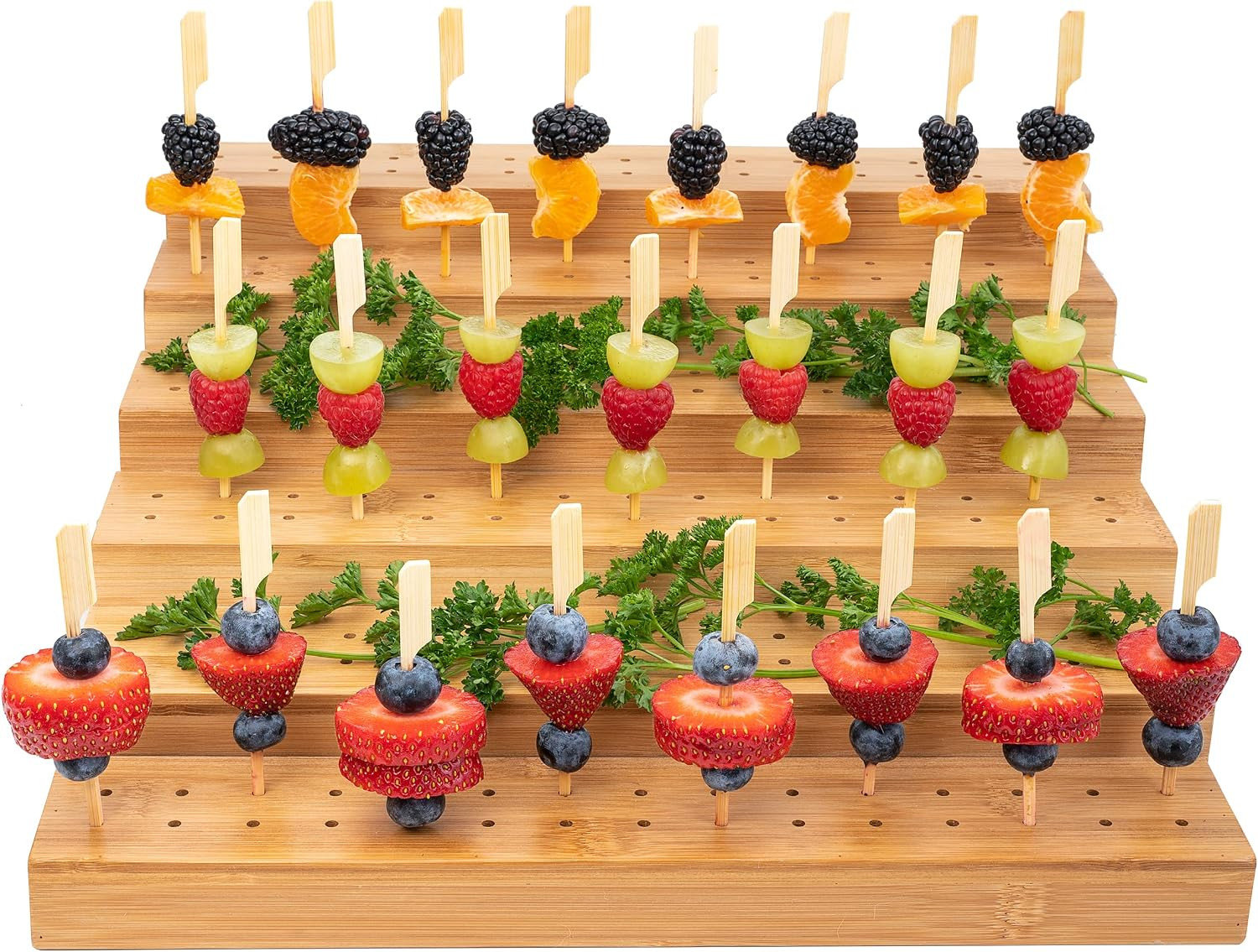 Skewer Holder Bamboo Food Display w/180 Holes, Great for Buffet, Cocktail Parties and Catering Events Six Tier Food Stand - 100 Pcs 4.7 Inch skewer Included | Amazon (US)
