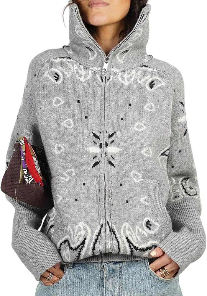 Songling Women's Zip Up Cardigan Sweaters Casual Patterned Stand Collar Sweater Fall Trendy Cool ... | Amazon (US)