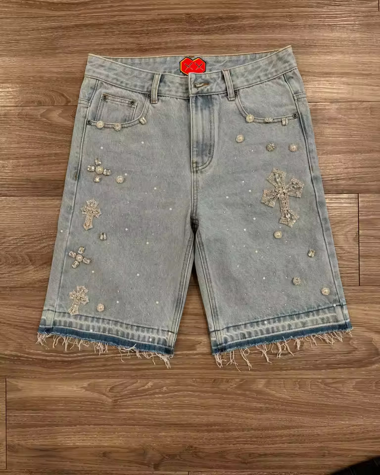 Y2K Gothic Diamond Cross Embroidery Denim Shorts American Retro Blue Gym Shorts Rhinestone Street... | AliExpress (US)