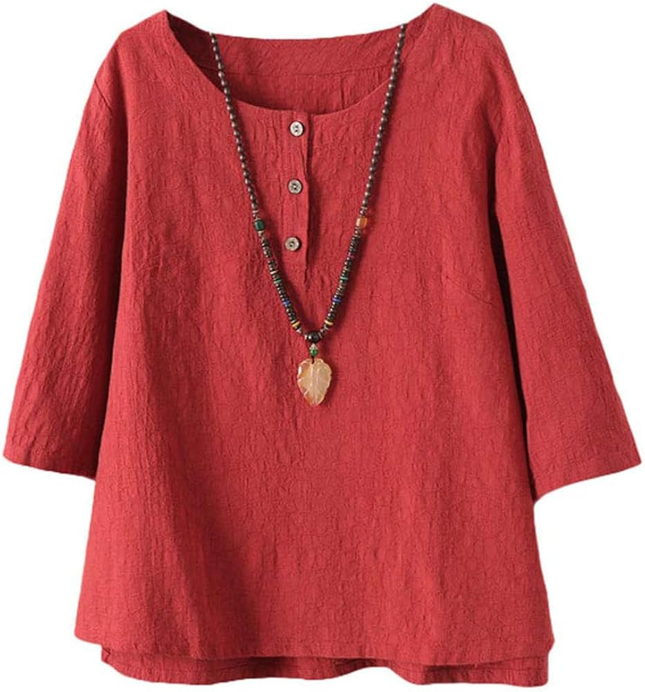 Minibee Women's 3/4 Sleeve Cotton Linen Jacquard Blouses Top T-Shirt | Amazon (US)