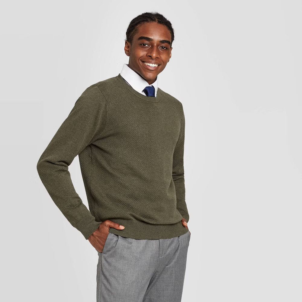 Men's Regular Fit Crewneck Sweater - Goodfellow & Co Olive Heather L, Grey/Green | Target