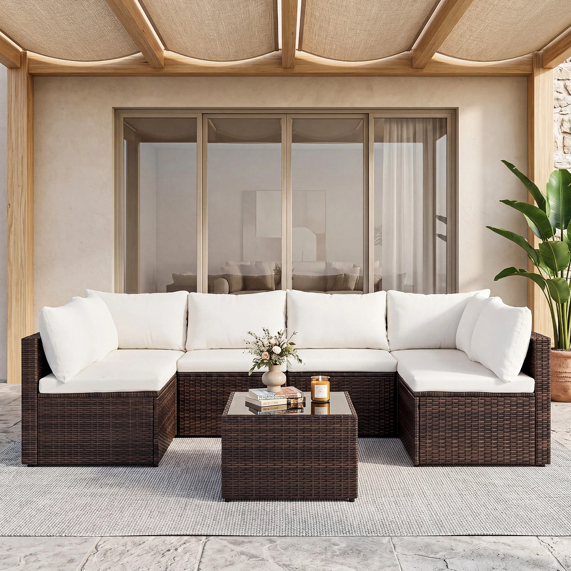 7-piece Modular Patio Conversation Sets with Cushions and Tempered Glass Table | Wayfair North America