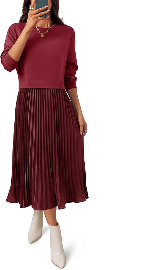 Wenrine Womens Sweatshirt Dress Casual Patchwork Long Sleeve Crewneck Pleated Fall Maxi Dresses | Amazon (US)