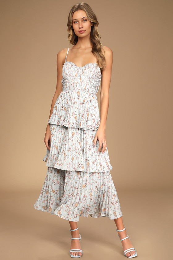 Cascading Crush Pale Blue Floral Print Tiered Bustier Midi Dress | Lulus