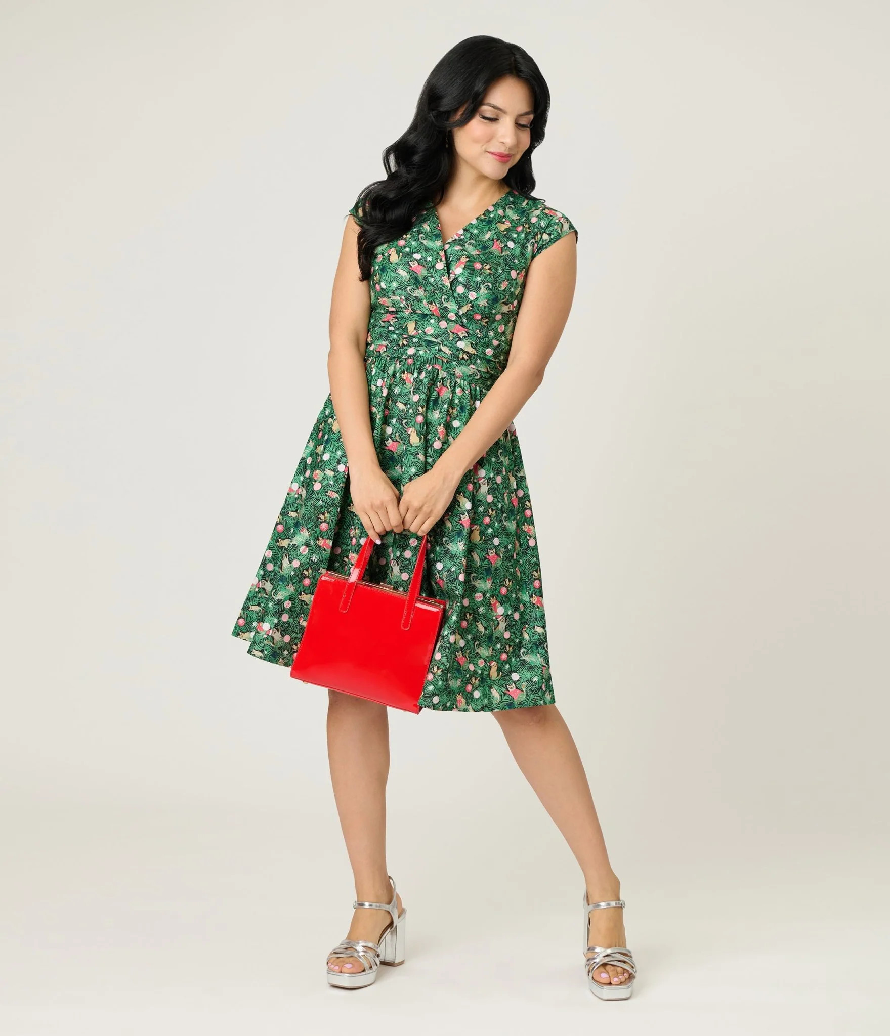 Retrolicious Christmas Tree Cat Cotton Swing Dress | UniqueVintage