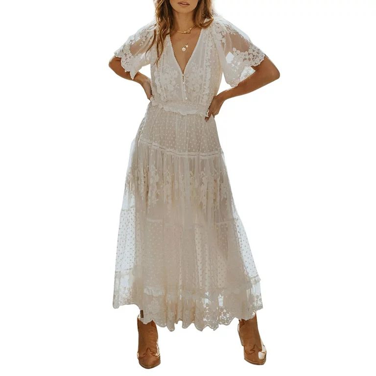 Dokotoo Womens White Lace Dress Long Bridesmaid Formal Dress Wedding Dress Chiffon Evening Gown S... | Walmart (US)