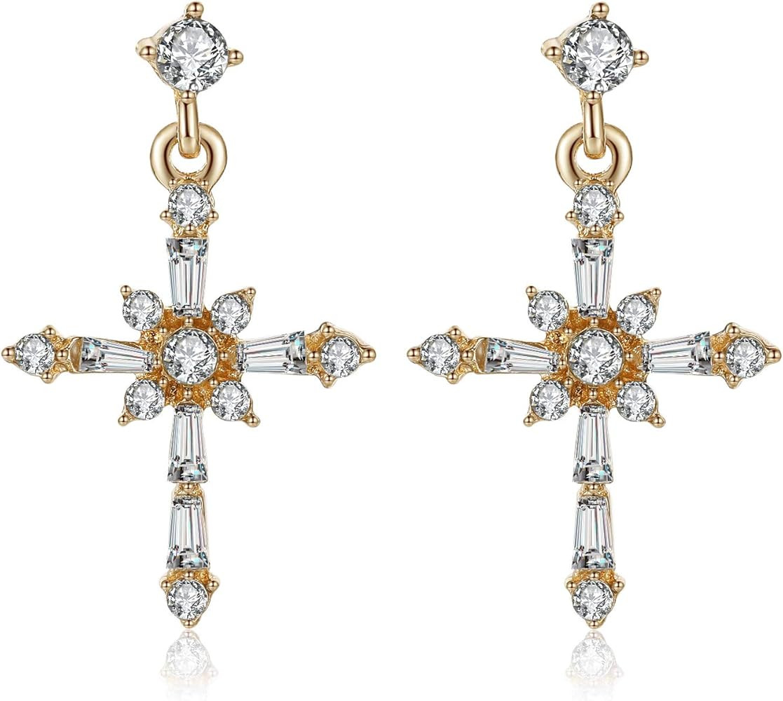 Kruckel Stylish Dainty 14K Gold Plated Cross Drop Earrings for Women | Easy to Wear Fashion Desig... | Amazon (US)