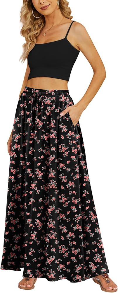Yincro Women's Flowy Maxi Skirt Summer Pleated High Waisted Casual Long Skirts with Pockets | Amazon (US)