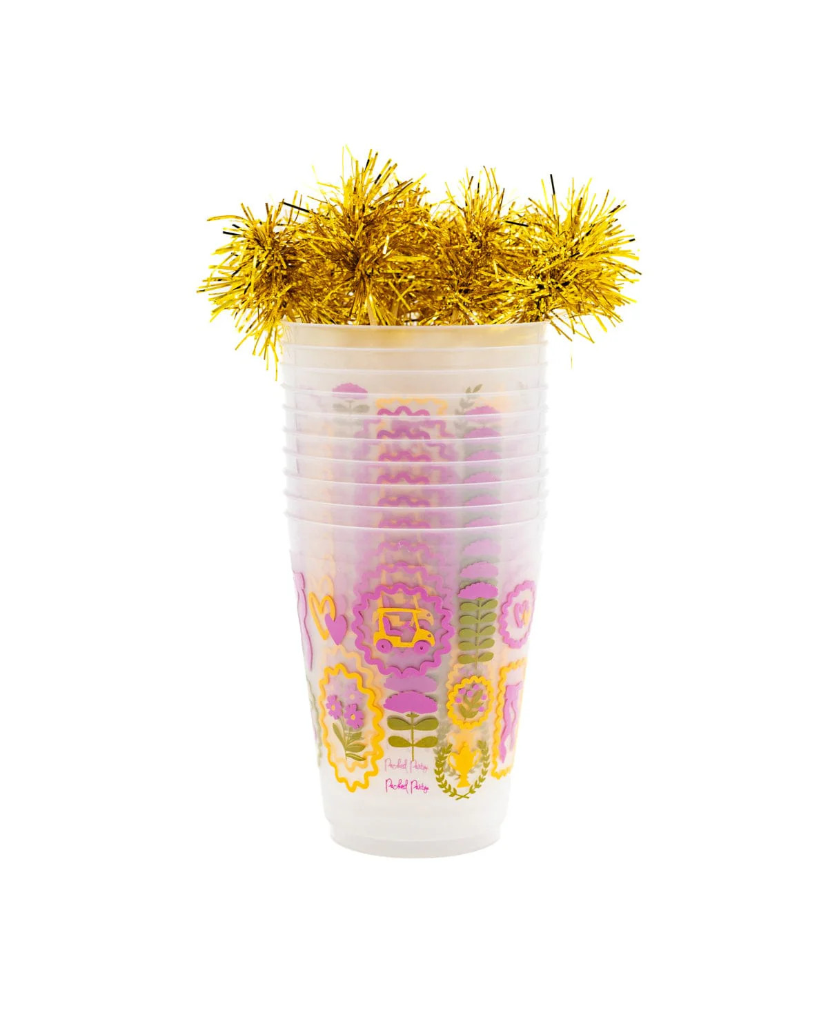 Forever Fun Social Club Reusable Stackable Cups and Pom Pom Stirs | Packed Party