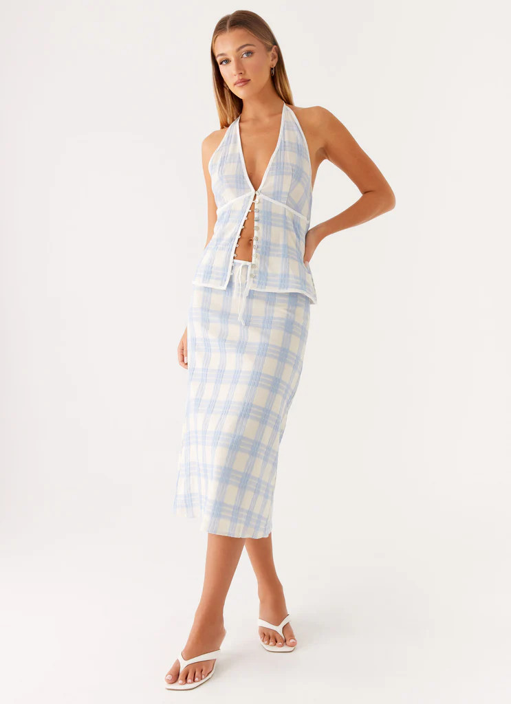 Esther Midi Skirt - Blue Check Seersucker | Peppermayo (Global)