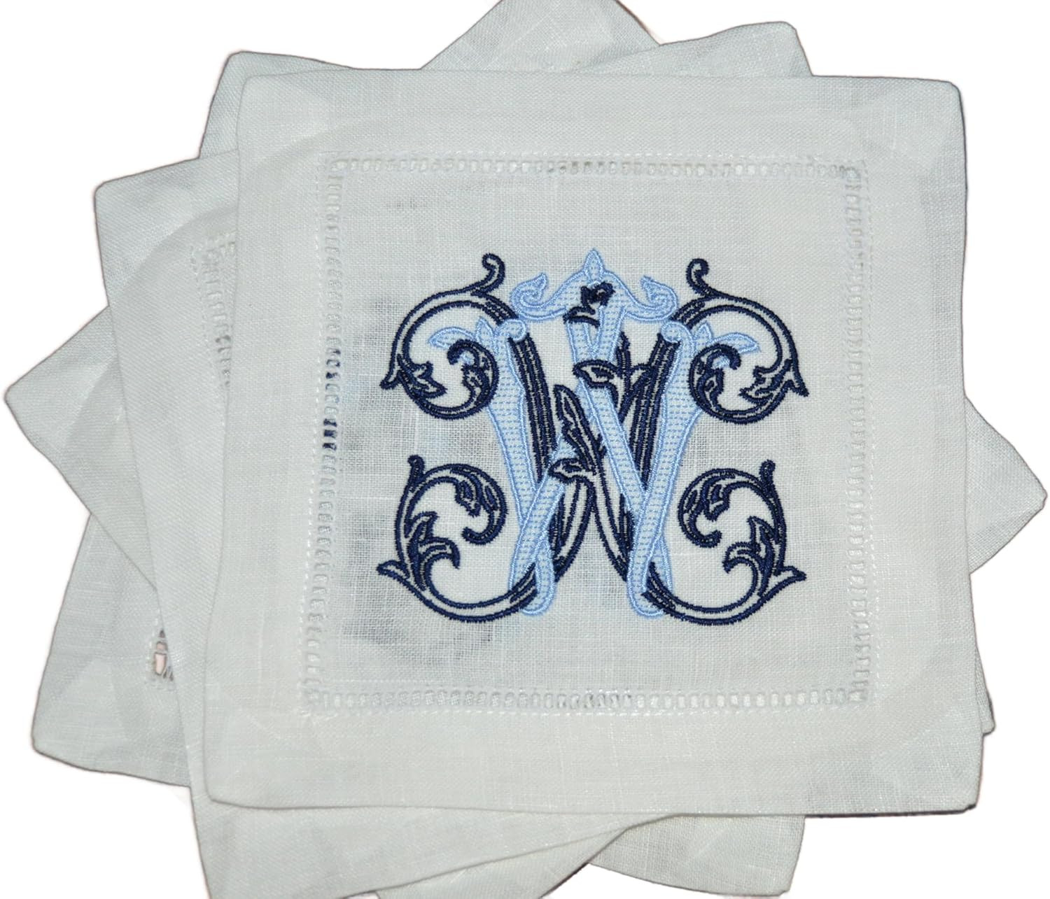 Personalized Linen Cocktail Hemstitched Napkins Embroidered in Vintage Vine Font, Elegant Bar Lin... | Amazon (US)