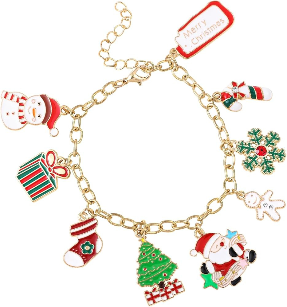Christmas Charm Bracelet for Women,Santa Claus Snowman Tree Socks Pendant Bracelet,Adjustable All... | Amazon (US)