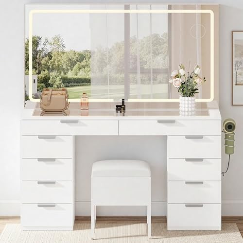 YITAHOME 46" Vanity Desk with Mirror and Lights, Makeup Vanity Table with Mirror, Power Hub, Adjustable Lights & Storage, Sturdy Build Dressing Table, Magnifying Mirror, Built-in Hair Dryer Rack | Amazon (US)