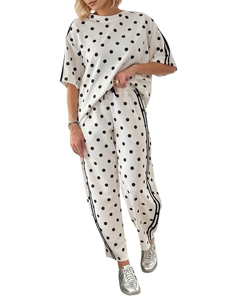 calbatic Women Polka Dot 2 Piece Lounge Set Short Sleeve T Shirt Side Striped Barrel Pants Travel... | Amazon (US)