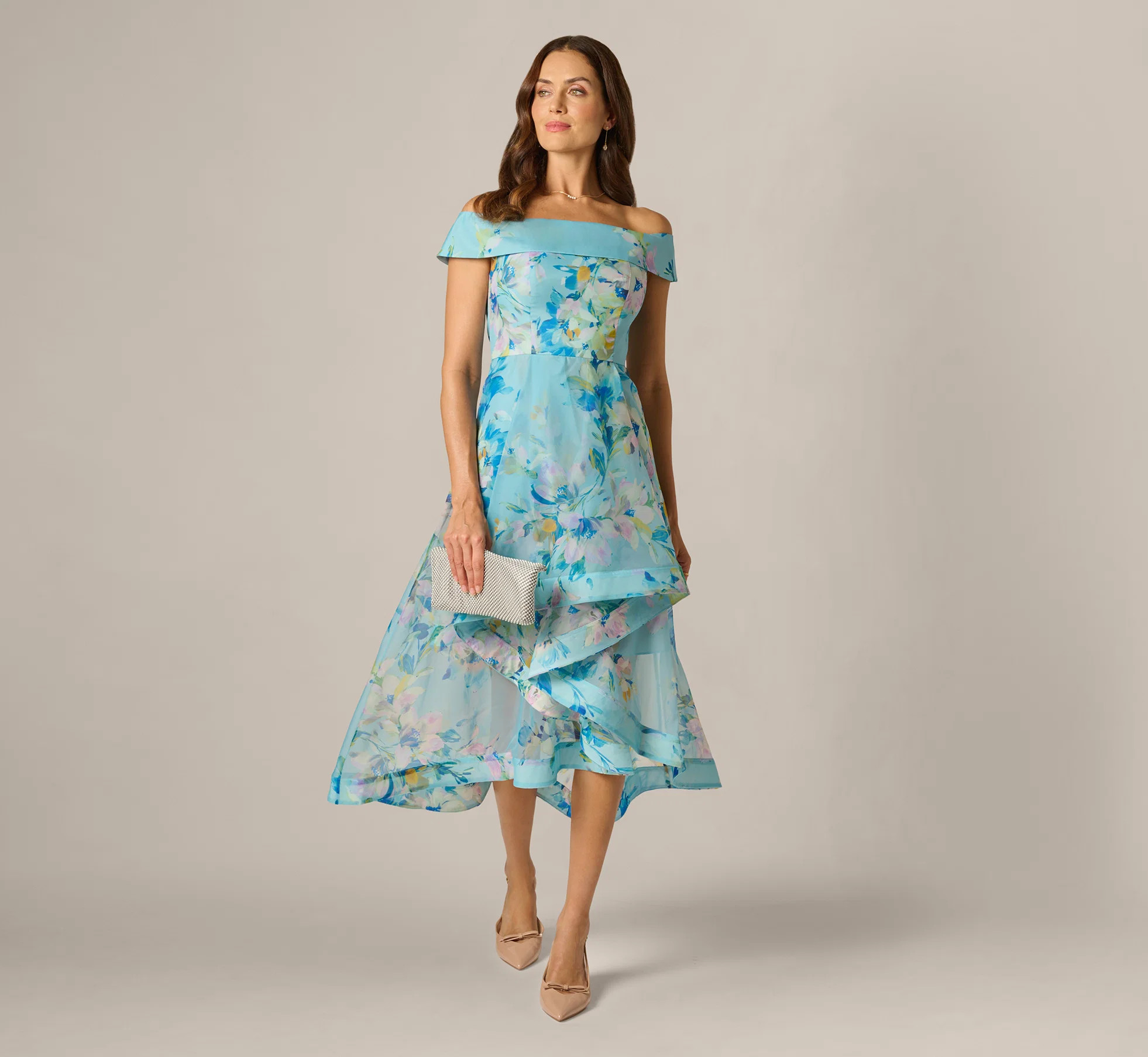Off Shoulder Floral Organza High Low Midi Dress In Blue Multi | Adrianna Papell