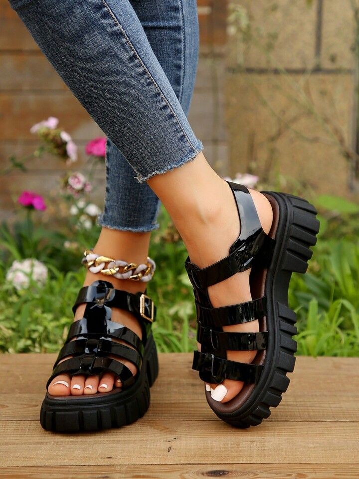 Women Black Slip Resistant Chunky Heeled Platform Sandals, Fashionable Open Toe Wedge Sandals | SHEIN