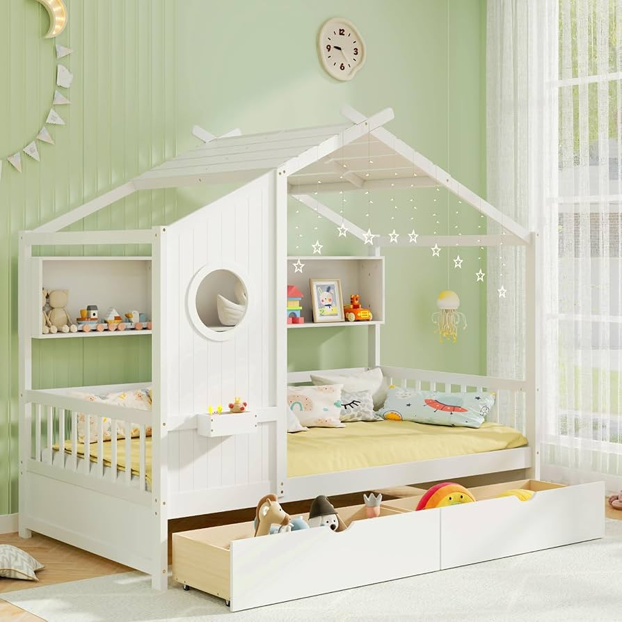 KOMFOTT Twin Size Wood House Bed with 2 Drawers, Wooden Bed Frame with Cube Storage & Fence Rails... | Amazon (US)