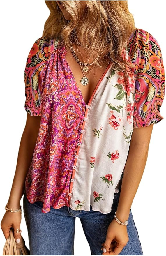 RoseSeek Women's Boho Floral Button Down Shirts Color Block Tops V Neck Short Sleeve Blouses Vaca... | Amazon (US)