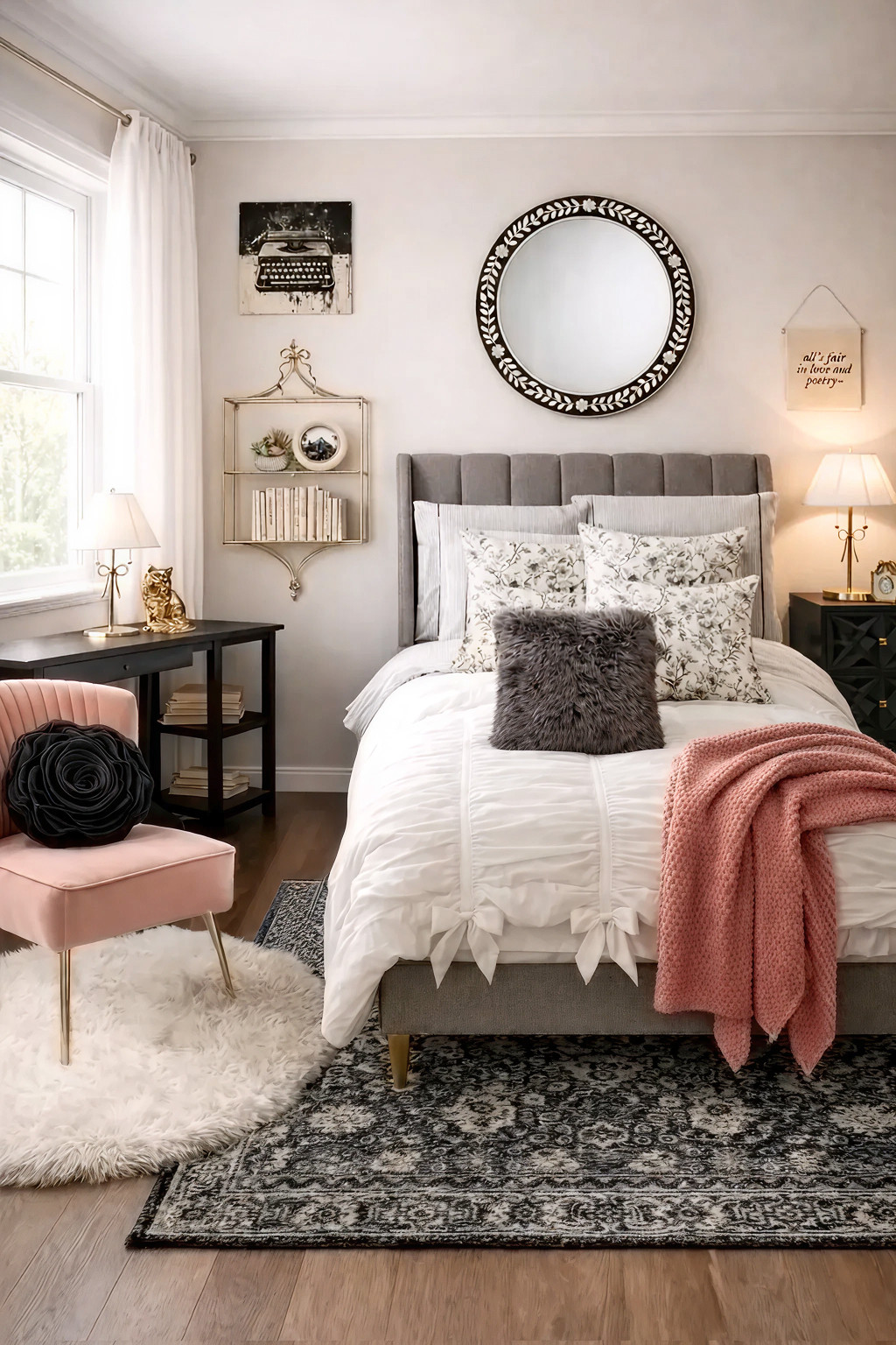 A room fit for a tortured poet 🖤 Bedroom inspo for the Swiftie fan in TTPD style. Mostly black and white decor with a pop of blush. White bedding, pink chair, dark rug, black furniture, Taylor swift wall art, inlay mirror, rose pillow, pottery barn loveshackfancy bow bedding, chunky knit throw, dorm room 

 

#LTKHome #LTKFindsUnder100 #LTKKids
