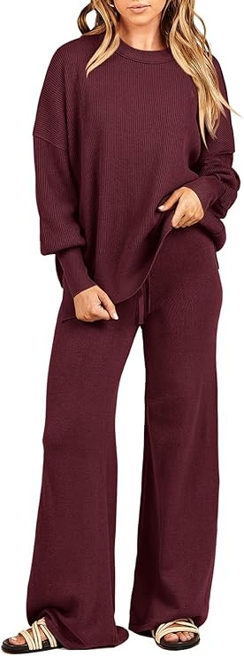ANRABESS Womens 2 Piece Outfits Fall Lounge Set 2025 Oversized Chunky Knit Sweater Top Wide Leg P... | Amazon (US)