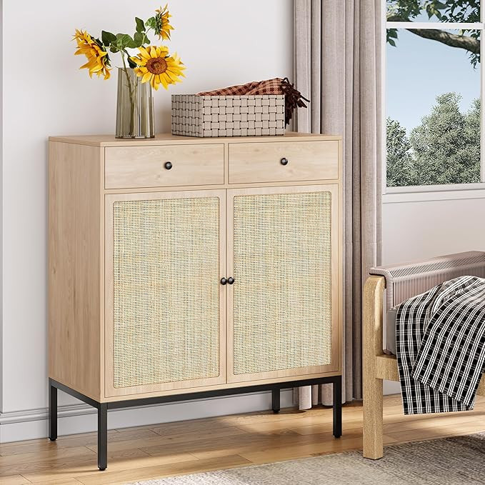 XIAO WEI Sideboard Cabinet with Handmade Natural Rattan Doors and Drawers, Rattan Cabinet Console... | Amazon (US)