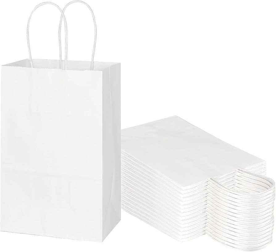 Toovip 25 Pack 5.25x3.25x8.25 Inch Small White Kraft Paper Bags with Handles Bulk, Gift Wrap Bags... | Amazon (US)