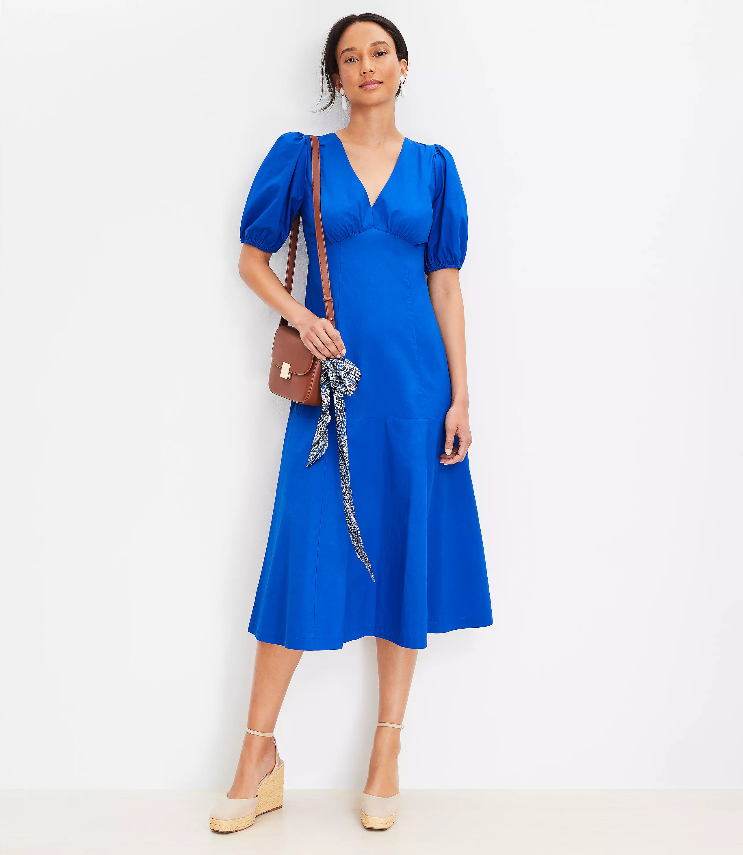 Poplin Tie Back Puff Sleeve Midi Dress | LOFT