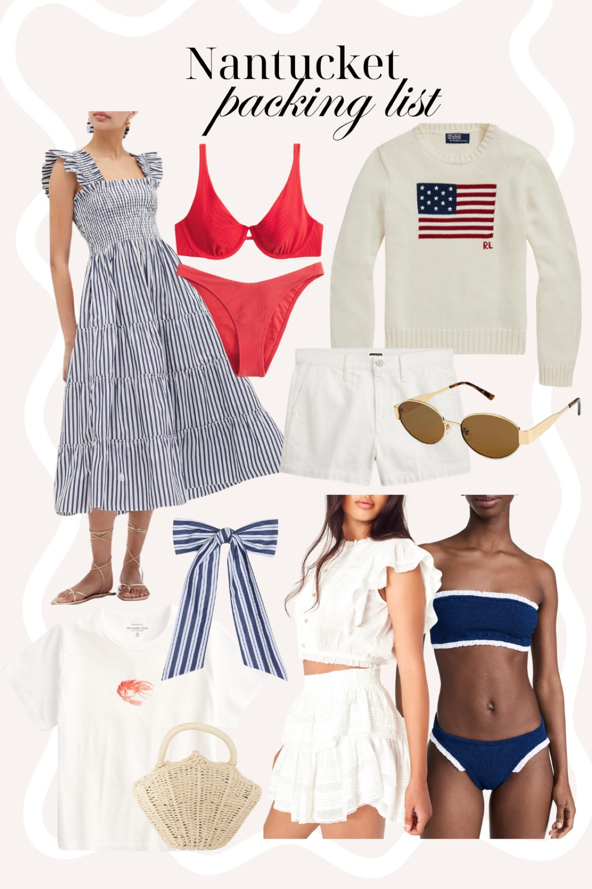 Nantucket packing list!
Striped dress, Nap dress, red swimsuit, flag sweater, Amazon sunglasses, white shirts, hair bow, graphic tee,  loveshackfancy, white skirt, navy swimsuit, Memorial Day

#LTKSeasonal #LTKswim #LTKtravel