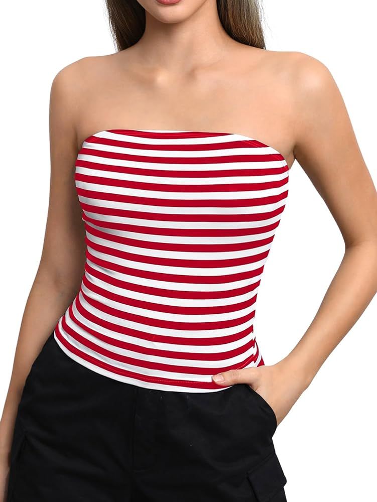 Milumia Women Striped Tube Tops Strapless Tanks Sleeveless Fitted Shirts Bandeau Tops | Amazon (US)