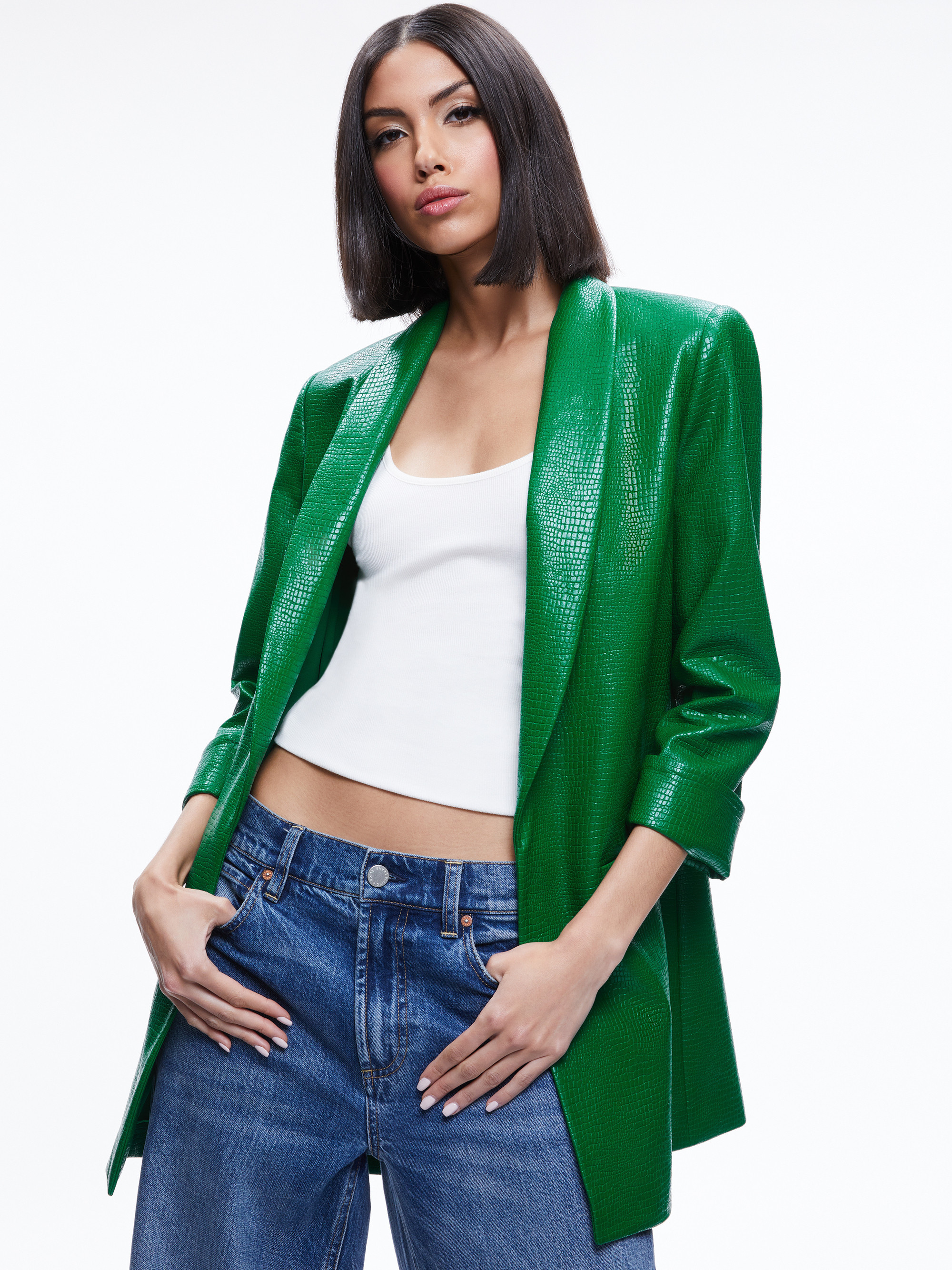 KYLIE VEGAN LEATHER CROC JACKET | Alice + Olivia