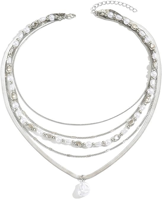 Layered Pearl Gold Chain Necklace for Women,Vintage Baroque Pearls Statement Necklaces,Trendy Bir... | Amazon (US)