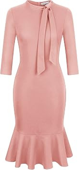 Moyabo Women's Tie Neck 3/4 Sleeve Ruffle Hem Cocktail Office Church Bodycon Sheath Pencil Dress | Amazon (US)