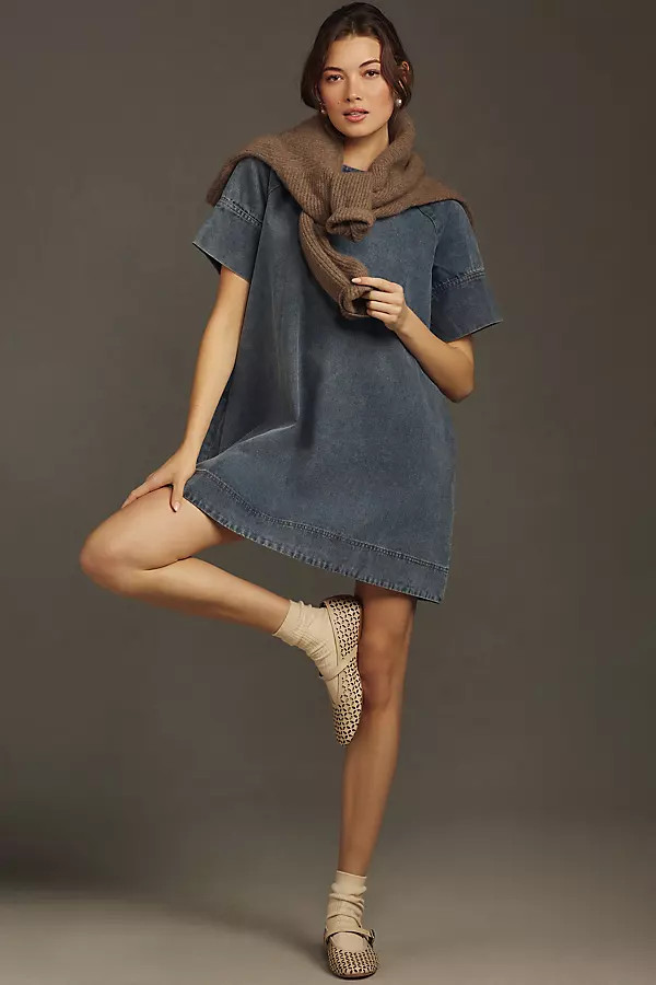 Porridge Short-Sleeve Denim Swing Mini Dress | Anthropologie (US)