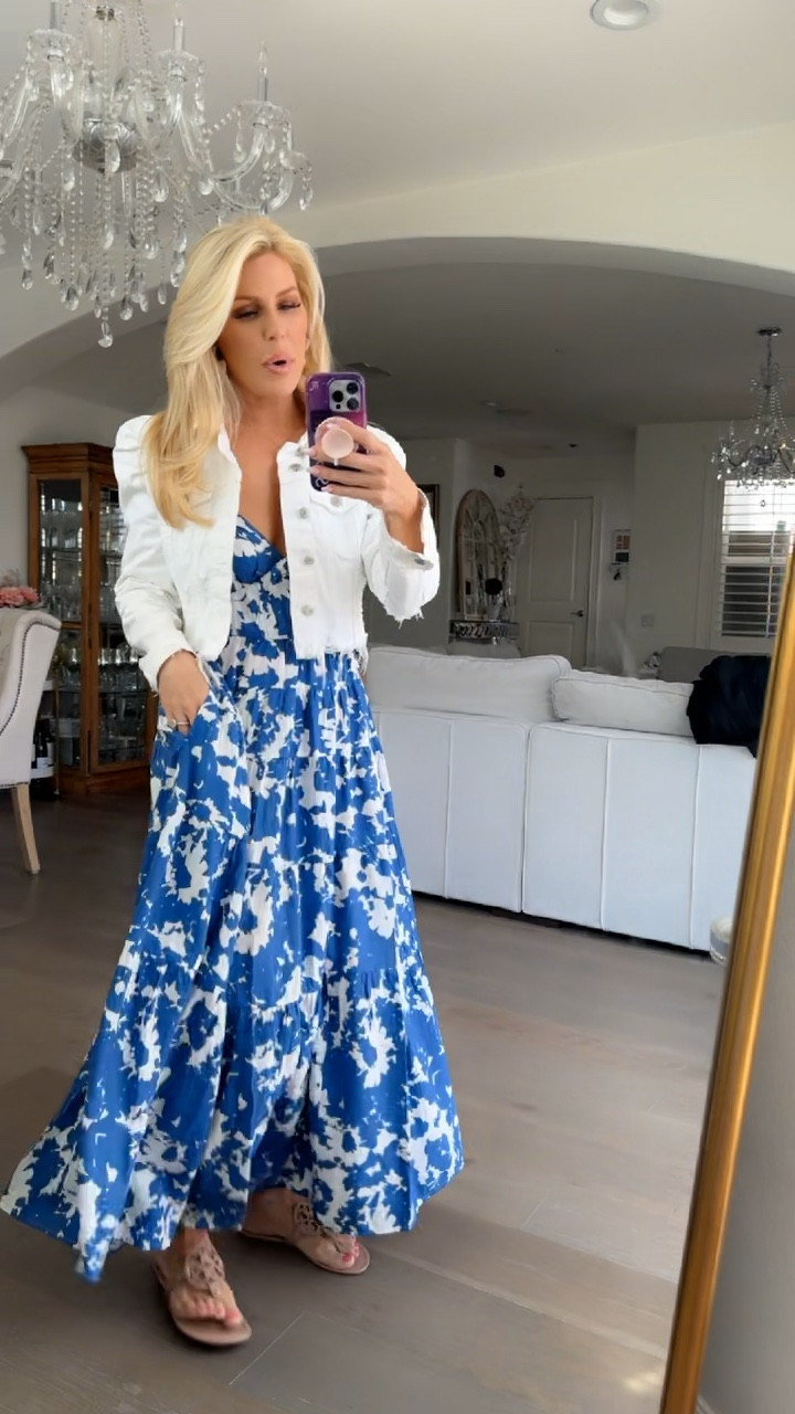 Gorgeous blue and white flowy dress from #Abercrombie 

This dress is so flowy and beautiful and comfortable and is the perfect sundress for Summer! 

I paired it with my white jean jacket that I link similar jackets too for you. 

I am wearing a size small and am 5’6 ❤️ It has adjustable straps in the back to help it fit to your exact height! 🙌🏻

#LTKOver40 #LTKStyleTip #LTKVideo