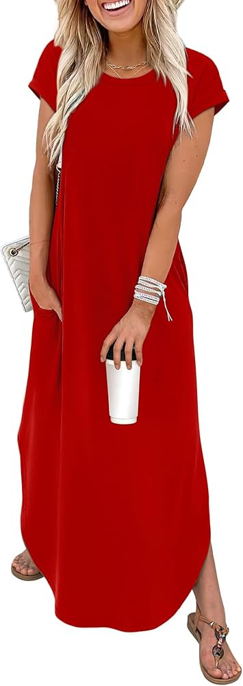 WIHOLL Summer Dresses Cap Sleeve Crewneck Maxi Long Casual Dress with Pockets Beach Vacation Sund... | Amazon (US)