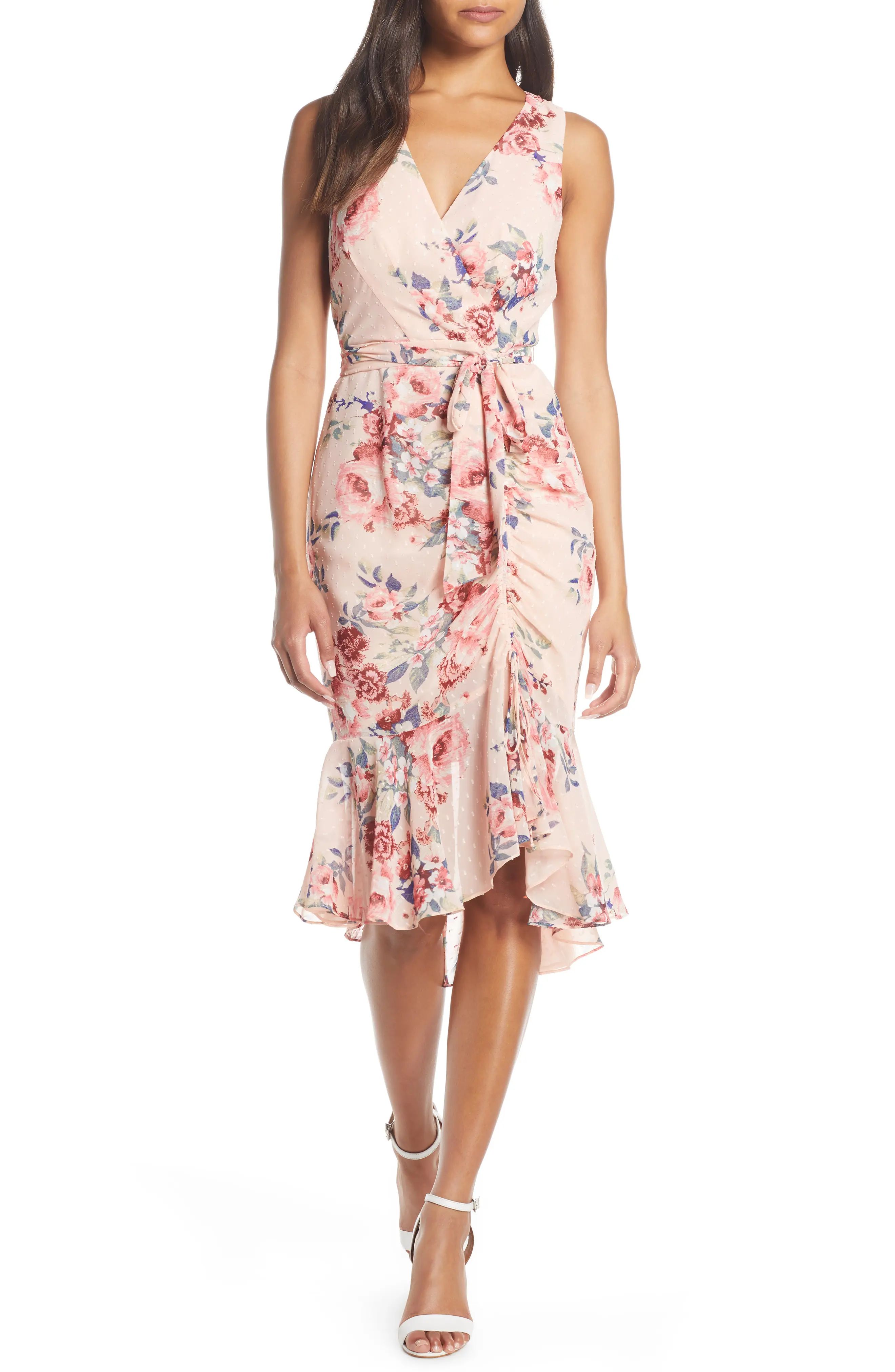 Eliza J Floral Ruched Chiffon Faux Wrap Dress in Blush at Nordstrom, Size 16 | Nordstrom