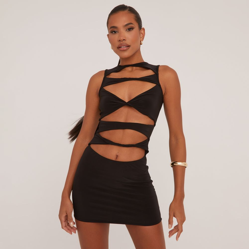 Sleeveless Twist Cut Out Front Mini Bodycon Dress In Black Slinky | EGO Shoes (US & Canada)