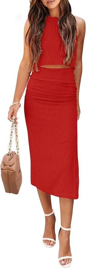 PRETTYGARDEN Women's 2 Piece Summer Outfits Crewneck Tank Tops Split Bodycon Midi Skirt Set | Amazon (US)