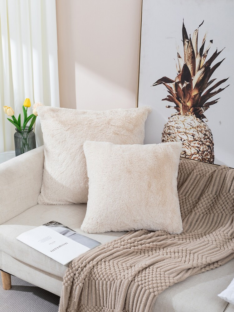 1pc Solid Fuzzy Cushion Cover, Simple Beige Pillow Cover For Bedroom Living Room Sofa Chair, Soft... | SHEIN