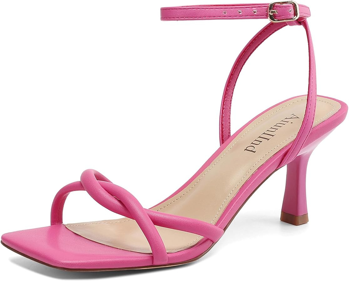 AIUNIIND Kitten Heels for Women, Square Open Toe Heeled Sandals, Strappy Ankle Strap Shoes for Dr... | Amazon (US)