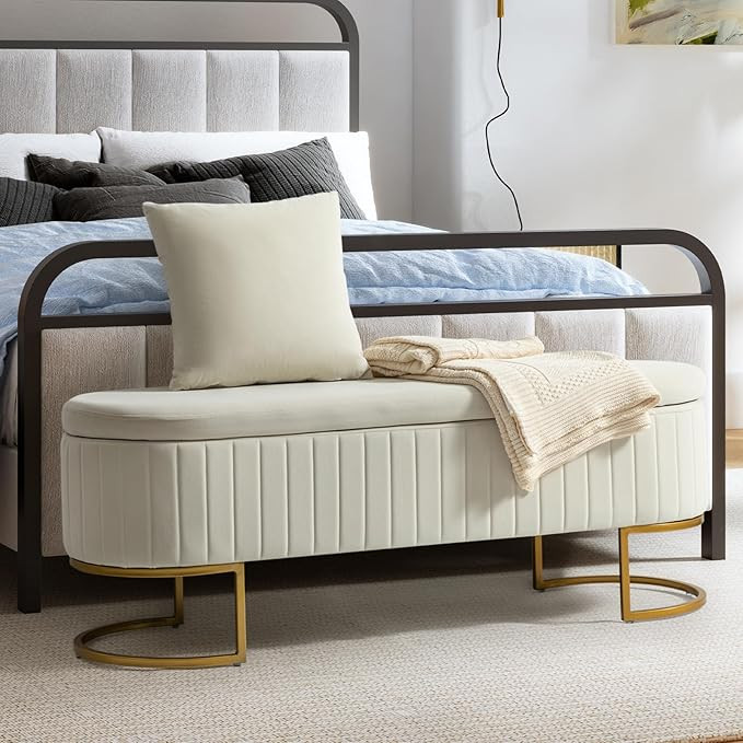 50" Velvet Storage Ottoman Bedroom Bench,Upholstered End of Bed Bench with Gold Legs,Flipping Lid... | Amazon (US)